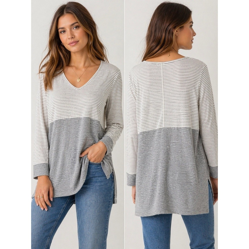 Anthropologie Saturday Sunday Devi Tunic Women's M Striped V-Neck Knit Side Slit
